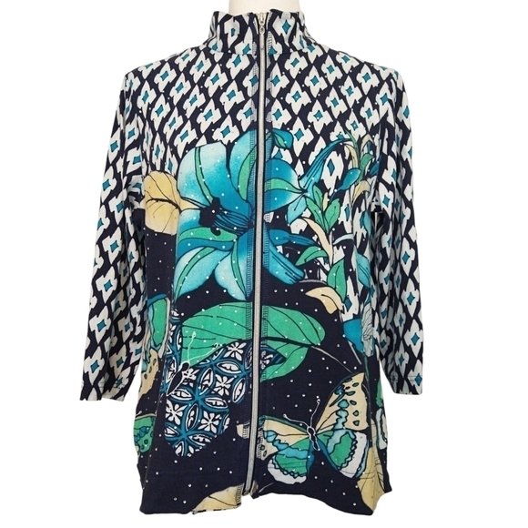 Chico's Weekends 100% Cotton Abstract Floral Butterfly Zip Jacket Beaded Bling - Picture 1 of 10